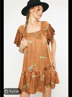 entro Rust Brown Printed Puff-Sleeve Mini Dress